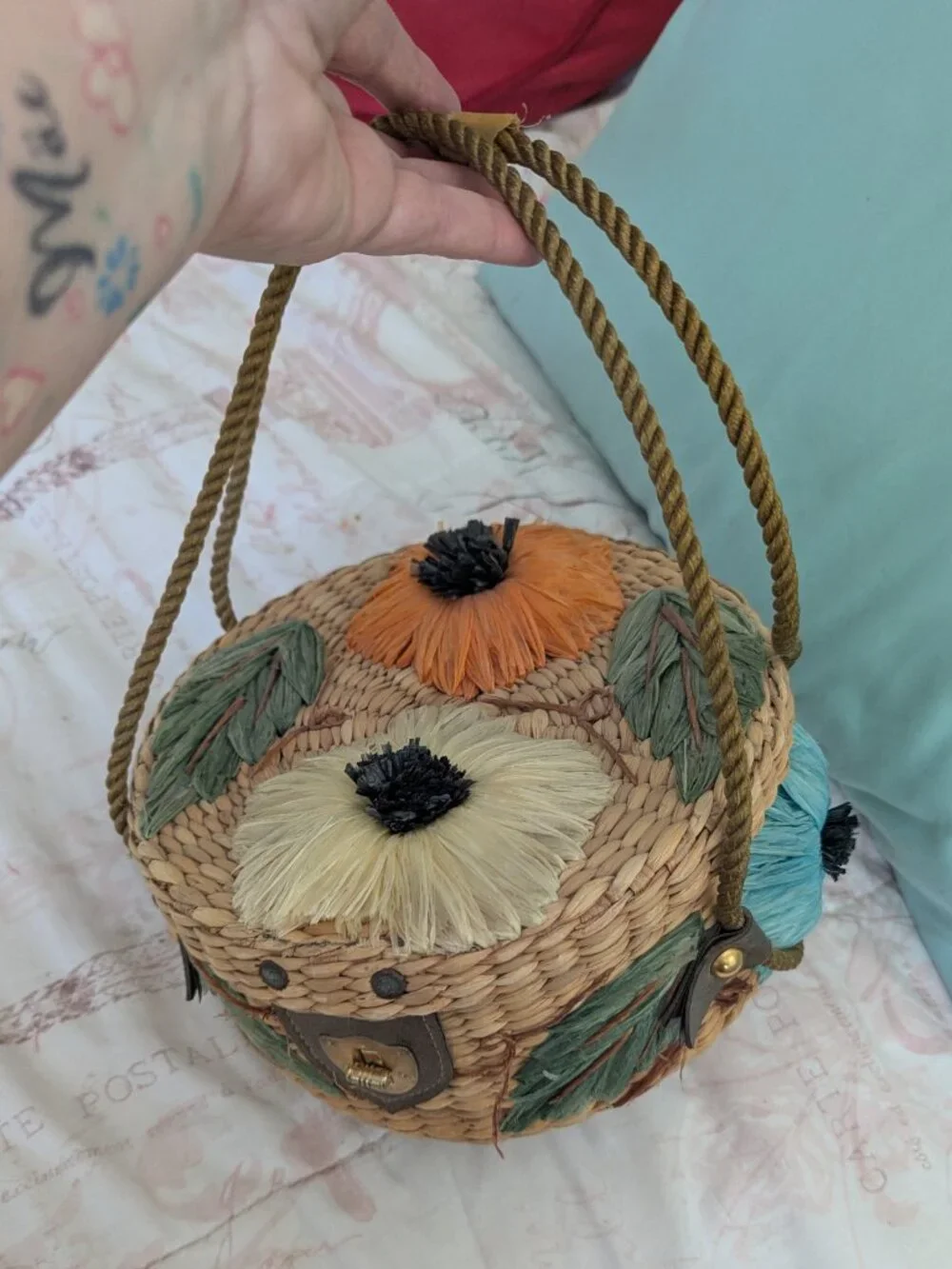 Vintage Floral Wicker And Straw Purse By Ponces Creations Philippines, 50's-60's - Picture 14 of 15